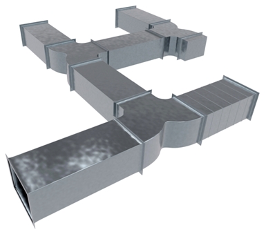 3D model of metal HVAC ductwork with rectangular and curved segments forming an air distribution network.