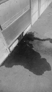 Wet stain spreading across concrete pavement from base of metal wall panel, indicating possible leak or drainage issue.