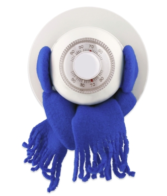 Thermostat dressed in blue gloves and scarf, symbolizing cold weather and indoor warmth.