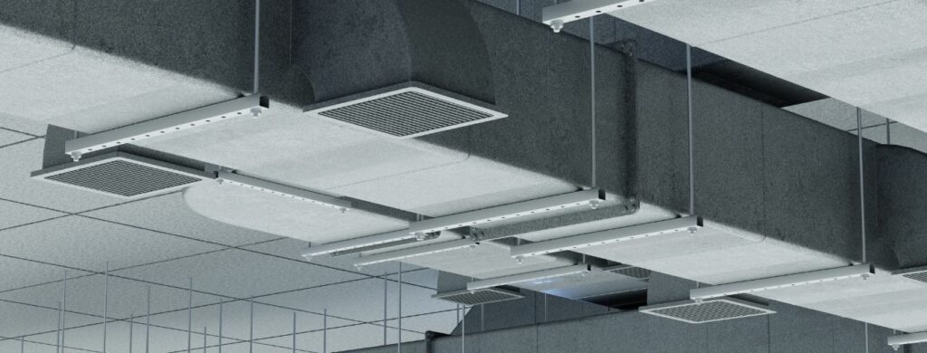 A view of a commercial HVAC ductwork system. 