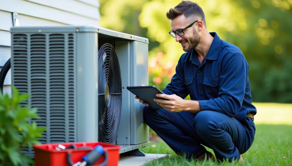HVAC technician looking at broken AC unit