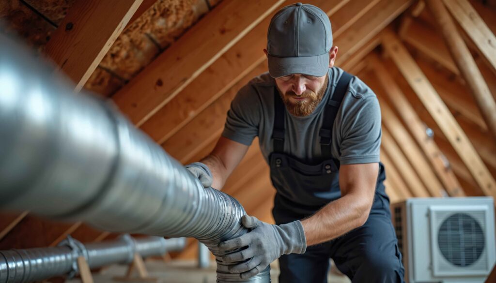 HVAC technician working on heating duct