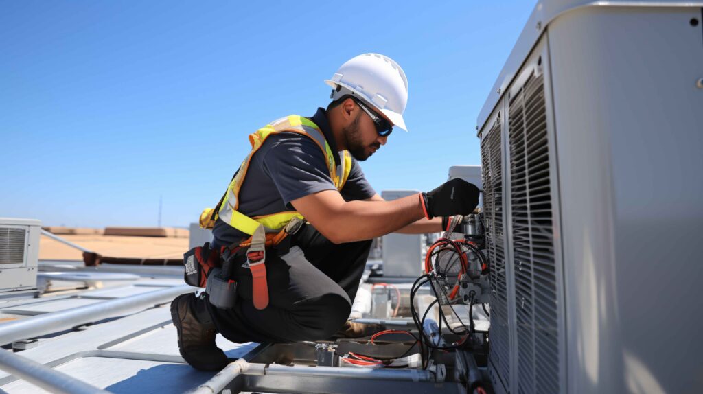 HVAC tech doing electrical work on HVAC unit.